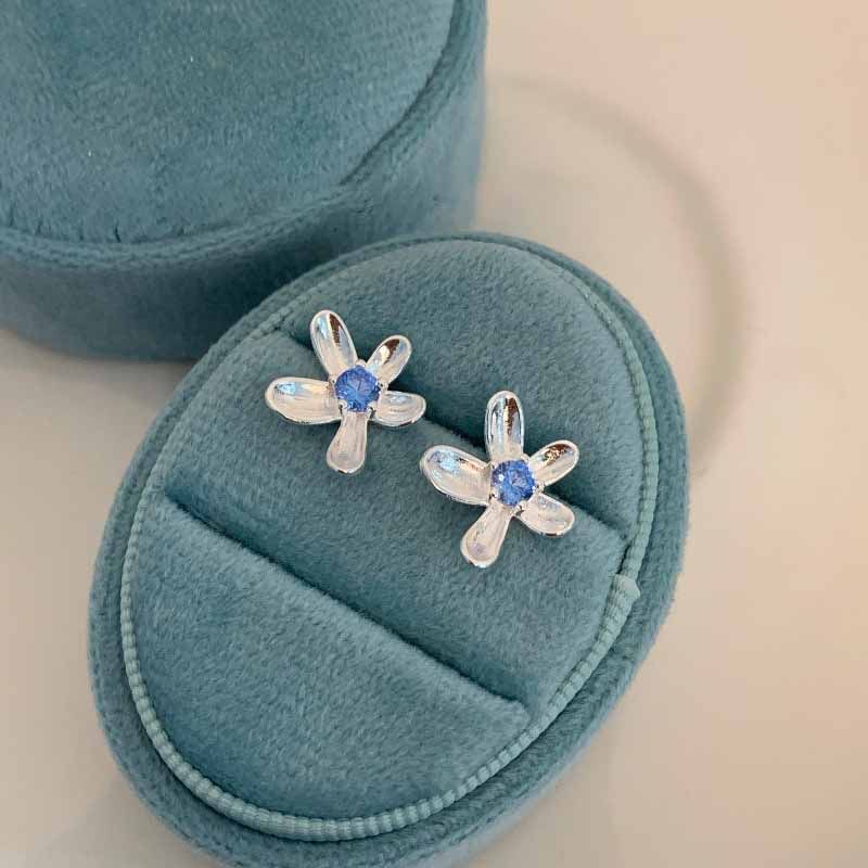 Blue Cubic Zirconia Flower Sterling Silver Stud Earrings