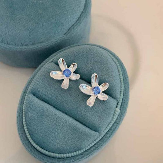 Blue Cubic Zirconia Flower Sterling Silver Stud Earrings
