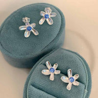 Blue Cubic Zirconia Flower Sterling Silver Stud Earrings