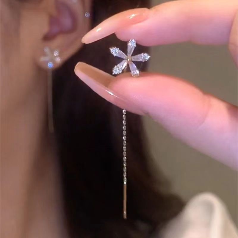 Crystal Flower Tassel Earrings in 925 Sterling Silver