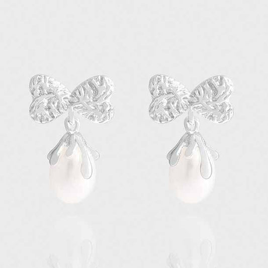 Oval Natural Pearl Bow-Knot Sterling Silver Drop Earrings