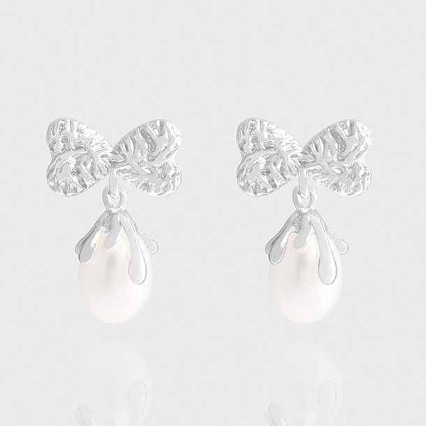 Oval Natural Pearl Bow-Knot Sterling Silver Drop Earrings