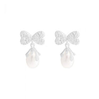 Oval Natural Pearl Bow-Knot Sterling Silver Drop Earrings