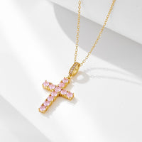 Pink Crystal Cross Necklace, 925 Sterling Silver
