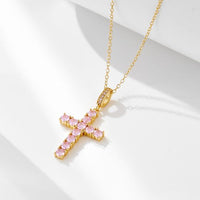 Pink Crystal Cross Necklace, 925 Sterling Silver