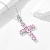 Pink Crystal Cross Necklace, 925 Sterling Silver