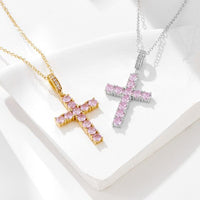 Pink Crystal Cross Necklace, 925 Sterling Silver
