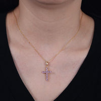 Pink Crystal Cross Necklace, 925 Sterling Silver