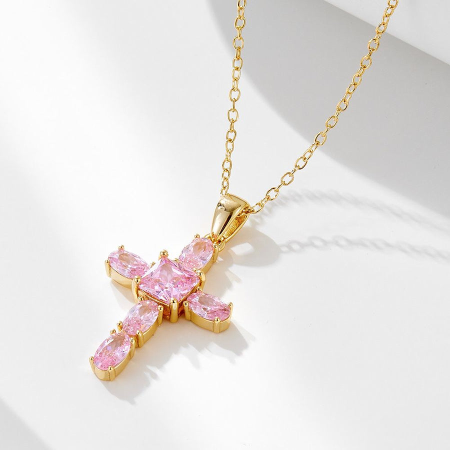Pink Crystal Cross Necklace in 925 Sterling Silver