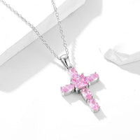 Pink Crystal Cross Necklace in 925 Sterling Silver
