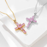 Pink Crystal Cross Necklace in 925 Sterling Silver