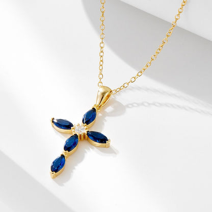 Blue Oval Cross CZ Necklace in 925 Sterling Silver
