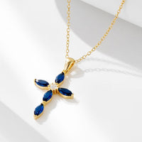 Blue Oval Cross Crystal Necklace in 925 Sterling Silver