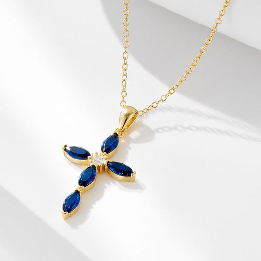 Blue Oval Cross CZ Necklace in 925 Sterling Silver