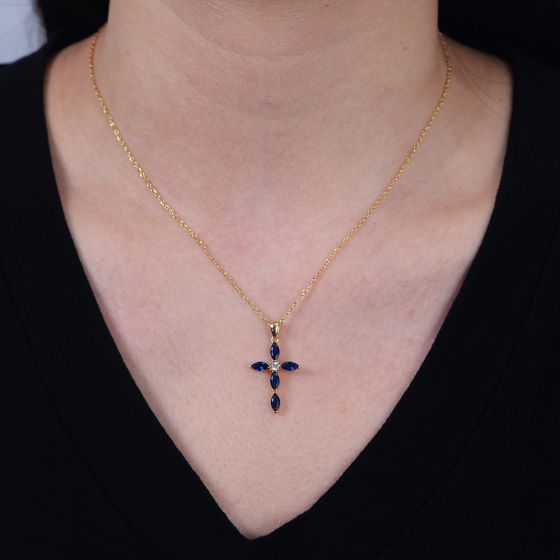 Blue Oval Cross CZ Necklace in 925 Sterling Silver
