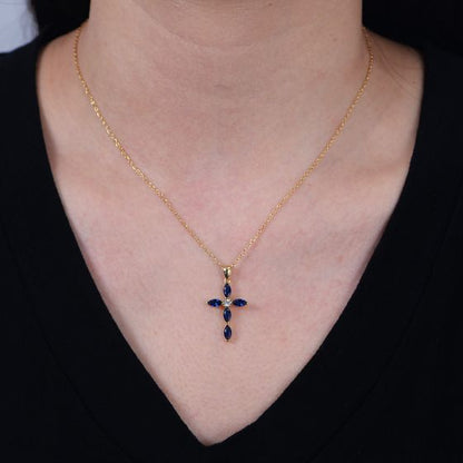 Blue Oval Cross CZ Necklace in 925 Sterling Silver