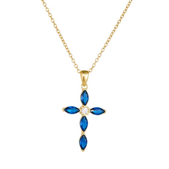 Blue Oval Cross CZ Necklace in 925 Sterling Silver