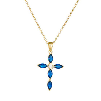 Blue Oval Cross CZ Necklace in 925 Sterling Silver