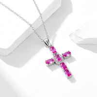 Rose Red Crystal Cross Necklace in 925 Sterling Silver