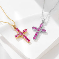 Rose Red Crystal Cross Necklace in 925 Sterling Silver