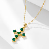 Green Round Crystal Cross Necklace in 925 Sterling Silver