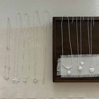 Bow-Knot Heart and Key Necklace with Shell Pearls, 925 Sterling Silver