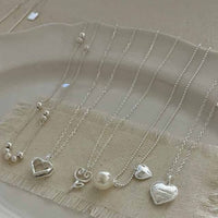 Bow-Knot Heart and Key Necklace with Shell Pearls, 925 Sterling Silver
