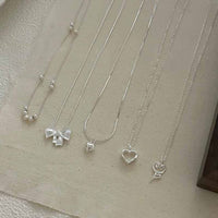 Bow-Knot Heart and Key Necklace with Shell Pearls, 925 Sterling Silver