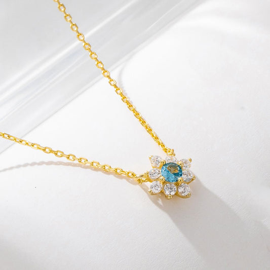 Blue and White CZ Flower Sterling Silver Necklace
