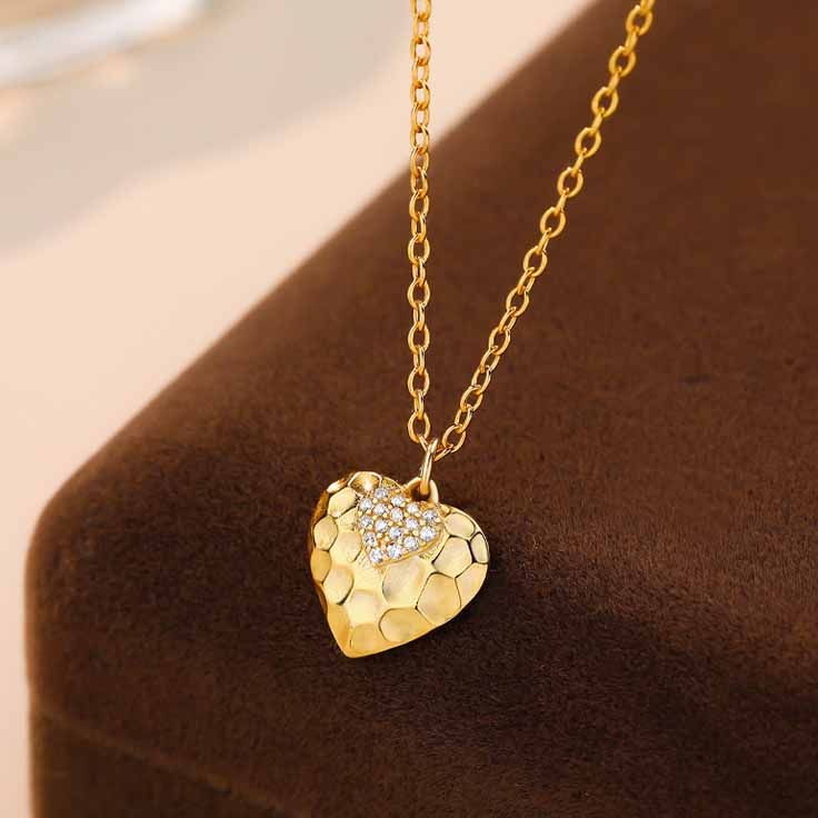 Hammer Pattern Crystal Heart Necklace, 925 Sterling Silver