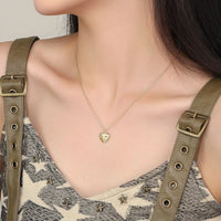 Hammer Pattern Crystal Heart Necklace, 925 Sterling Silver