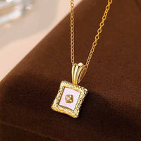 Hammer Pattern Shell Crystal Square Necklace 925 Sterling Silver