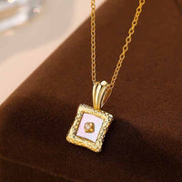 Hammer Pattern Shell Crystal Square Necklace 925 Sterling Silver