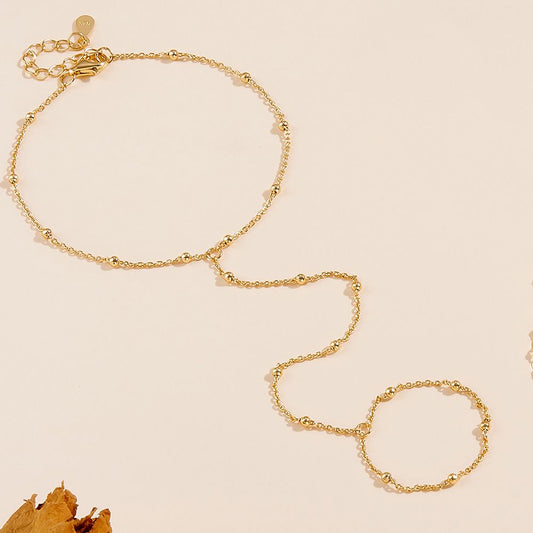 Shining Bead Chain Bracelet and Ring Set, 925 Sterling Silver