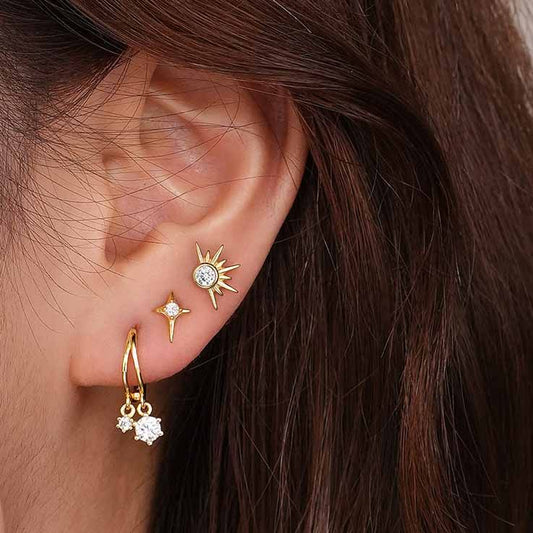 Crescent Moon, Star, and Sunshine CZ 925 Sterling Silver Stud Earrings