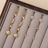Crescent Moon, Star, and Sunshine Crystal 925 Sterling Silver Stud Earrings