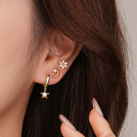 Crescent Moon, Star, and Sunshine Crystal 925 Sterling Silver Stud Earrings
