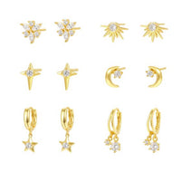 Crescent Moon, Star, and Sunshine Crystal 925 Sterling Silver Stud Earrings