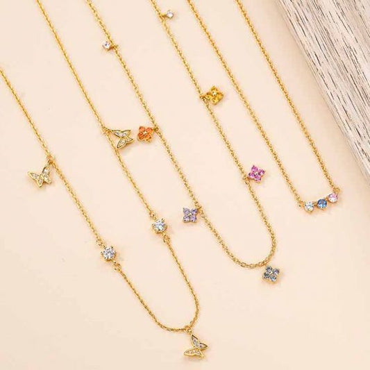 Colorful CZ Four-Leaf Clover and Butterfly Necklace & Bracelet