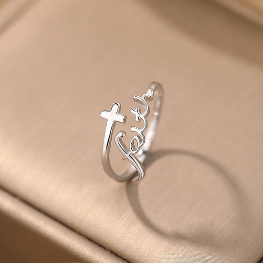 Anniversary Cross Faith Sterling Silver Adjustable Ring