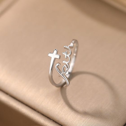 Anniversary Cross Faith Sterling Silver Adjustable Ring