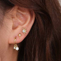 Crescent Moon, Star and Sunshine Crystal 925 Sterling Silver Stud Earrings