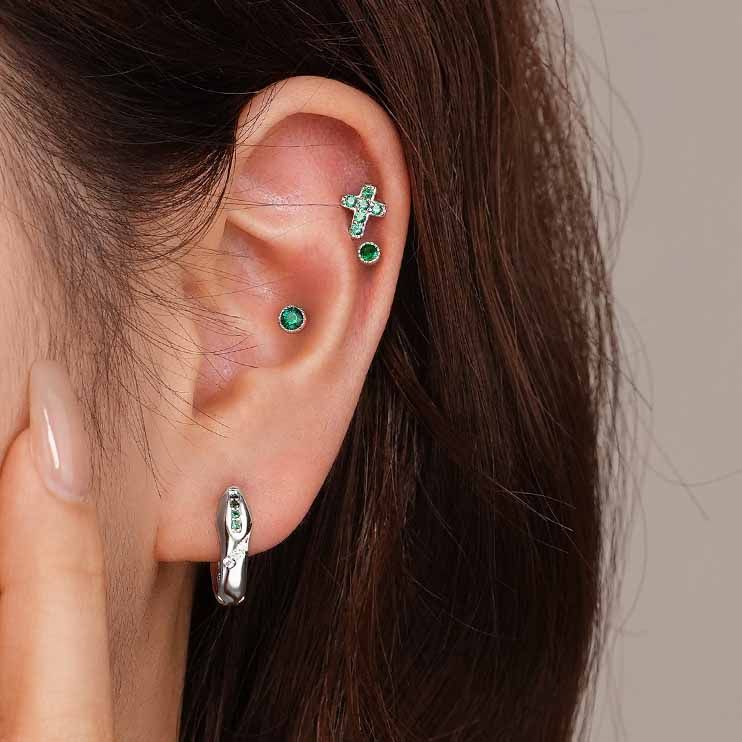 Green CZ Round Cross Snake 925 Sterling Silver Hoop Earrings