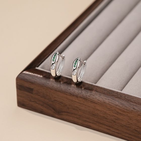 Green CZ Round Cross Snake 925 Sterling Silver Hoop Earrings