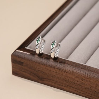 Green CZ Round Cross Snake 925 Sterling Silver Hoop Earrings