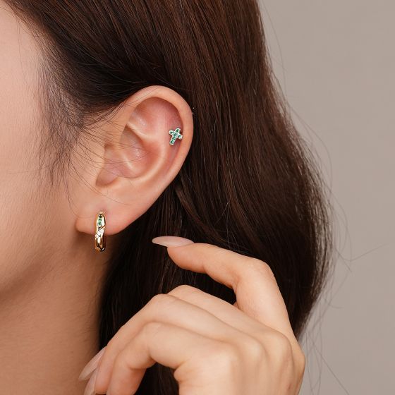 Green CZ Round Cross Snake 925 Sterling Silver Hoop Earrings