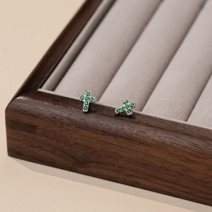 Green CZ Round Cross Snake 925 Sterling Silver Hoop Earrings