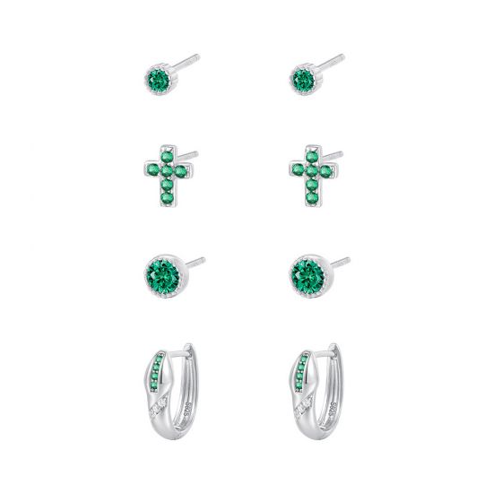 Green CZ Round Cross Snake 925 Sterling Silver Hoop Earrings