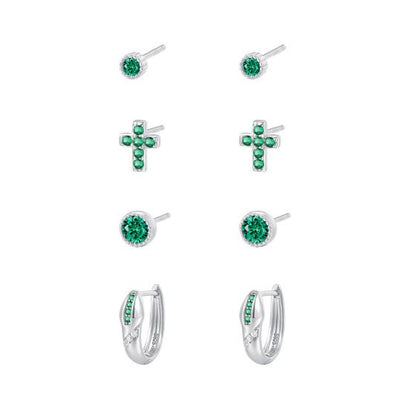Green CZ Round Cross Snake 925 Sterling Silver Hoop Earrings