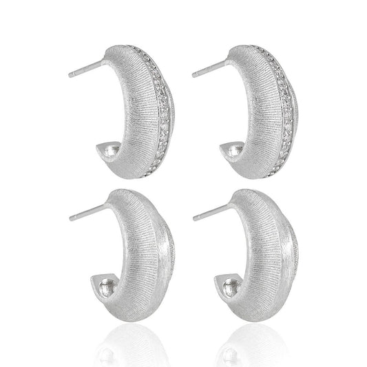 Matte Geometric Hoop Earrings in 925 Sterling Silver with Cubic Zirconia